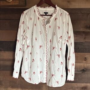 Talbots White Blouse with Rust Floral Embroidery and Scalloped Trim